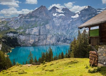 lake, mountains, hut