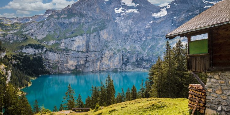 lake, mountains, hut