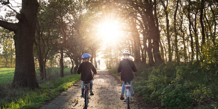 girls, bicycle, helmets