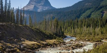 river, trees, mountains