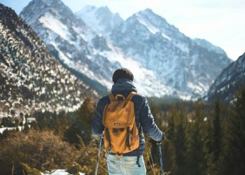 Men's Blue Leather Jacket and Brown Backpack