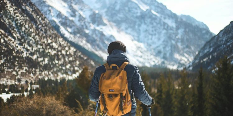Men's Blue Leather Jacket and Brown Backpack