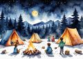 watercolor, camping, night